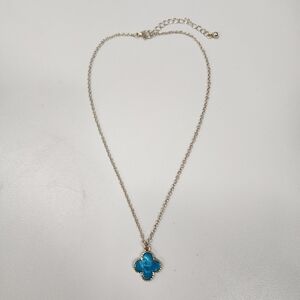 Dainty Aqua Blue Clover Pendant Necklace Iridescent Inlay Lucky Charm Gold-tone